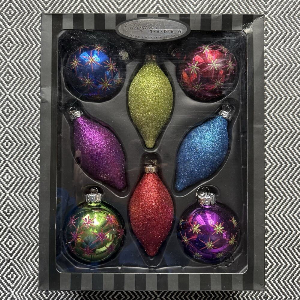 New Celebrations Christopher Radko 2012 Glitter Glass Ornament Set Of 8